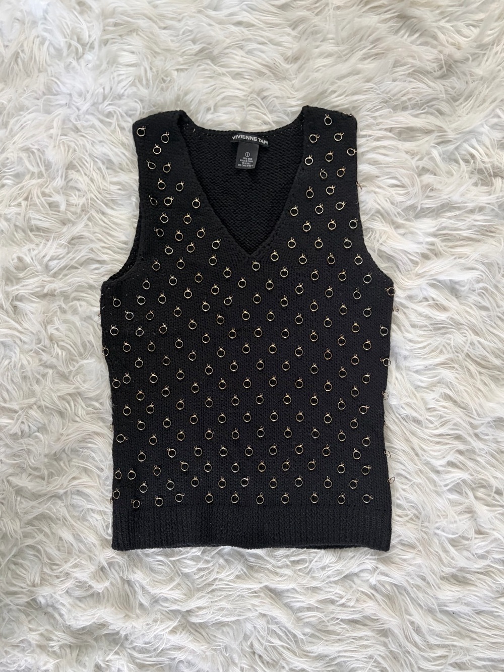 Vivienne Tam Black Knit V-Neck Vest with Gold Ring Detailing